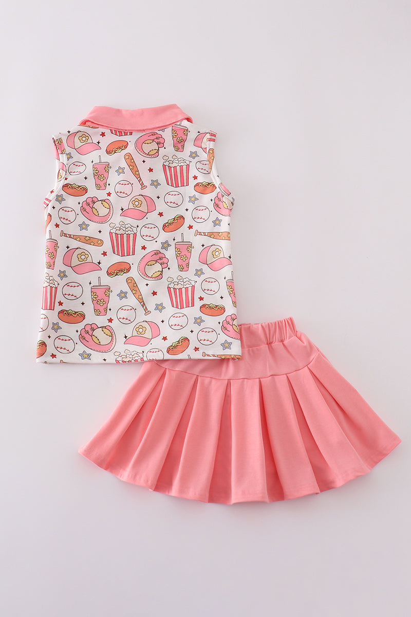 Pink skort set with baseball print, perfect for playful summer days.