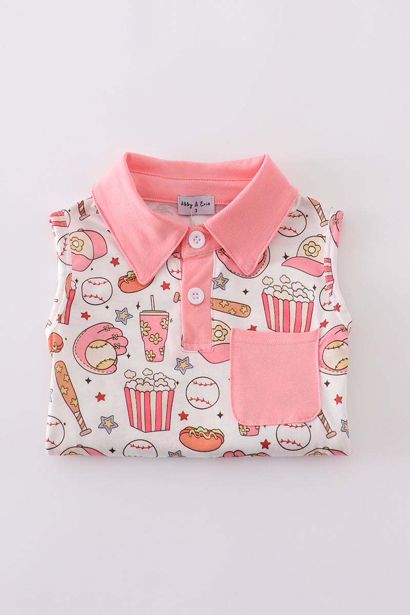 Pink skort set with baseball print, perfect for playful summer days.