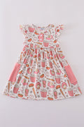 Pink girl dress with fun baseball print, perfect for playful outings.