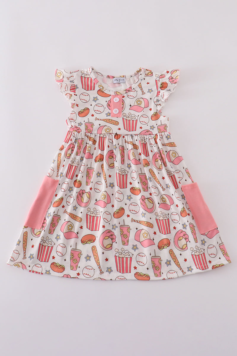 Pink girl dress with fun baseball print, perfect for playful outings.