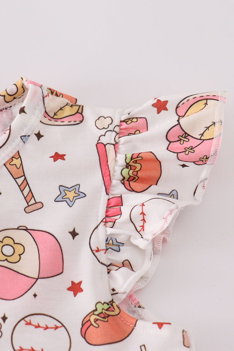 Pink girl dress with fun baseball print, perfect for playful outings.