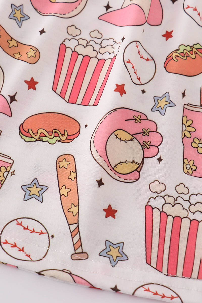 Pink girl dress with fun baseball print, perfect for playful outings.