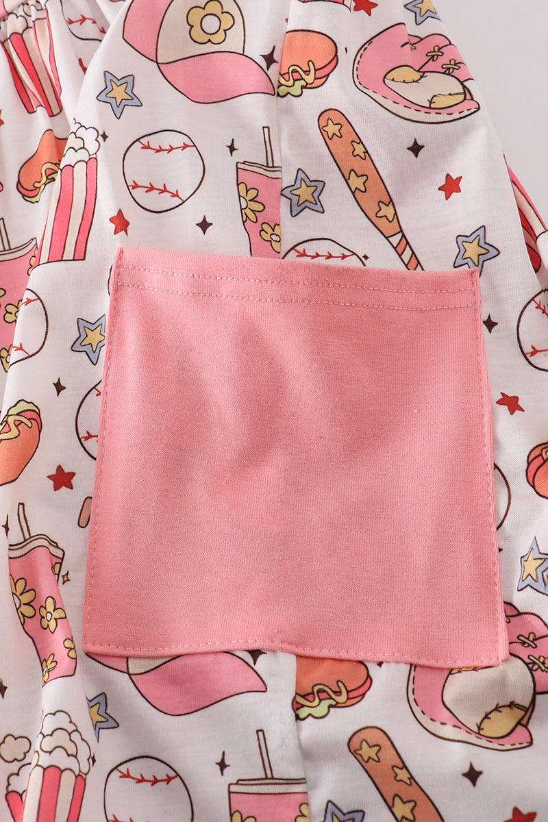 Pink girl dress with fun baseball print, perfect for playful outings.