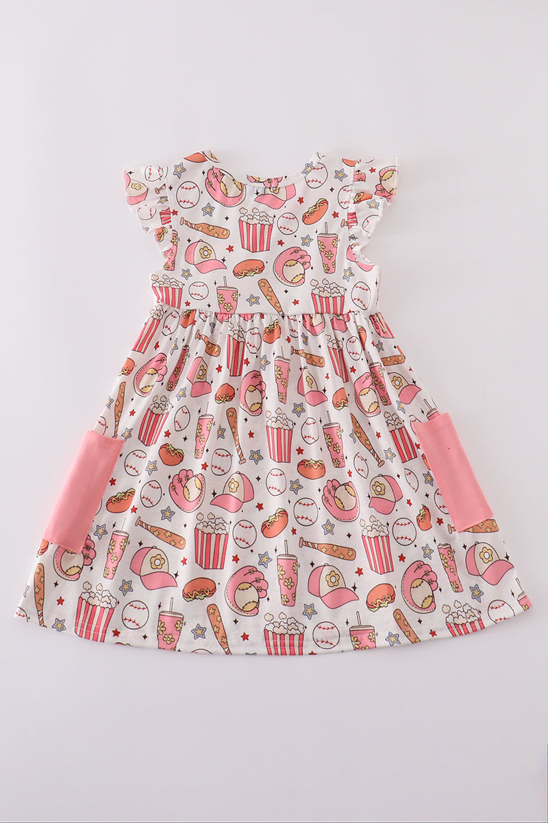 Pink girl dress with fun baseball print, perfect for playful outings.