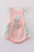 Pink bubble romper with a cute puppy birthday applique, perfect for girls.