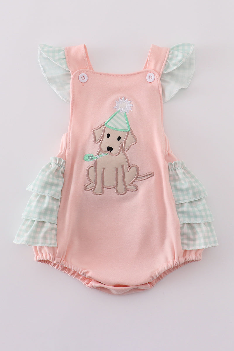 Pink bubble romper with a cute puppy birthday applique, perfect for girls.