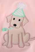 Pink bubble romper with a cute puppy birthday applique, perfect for girls.