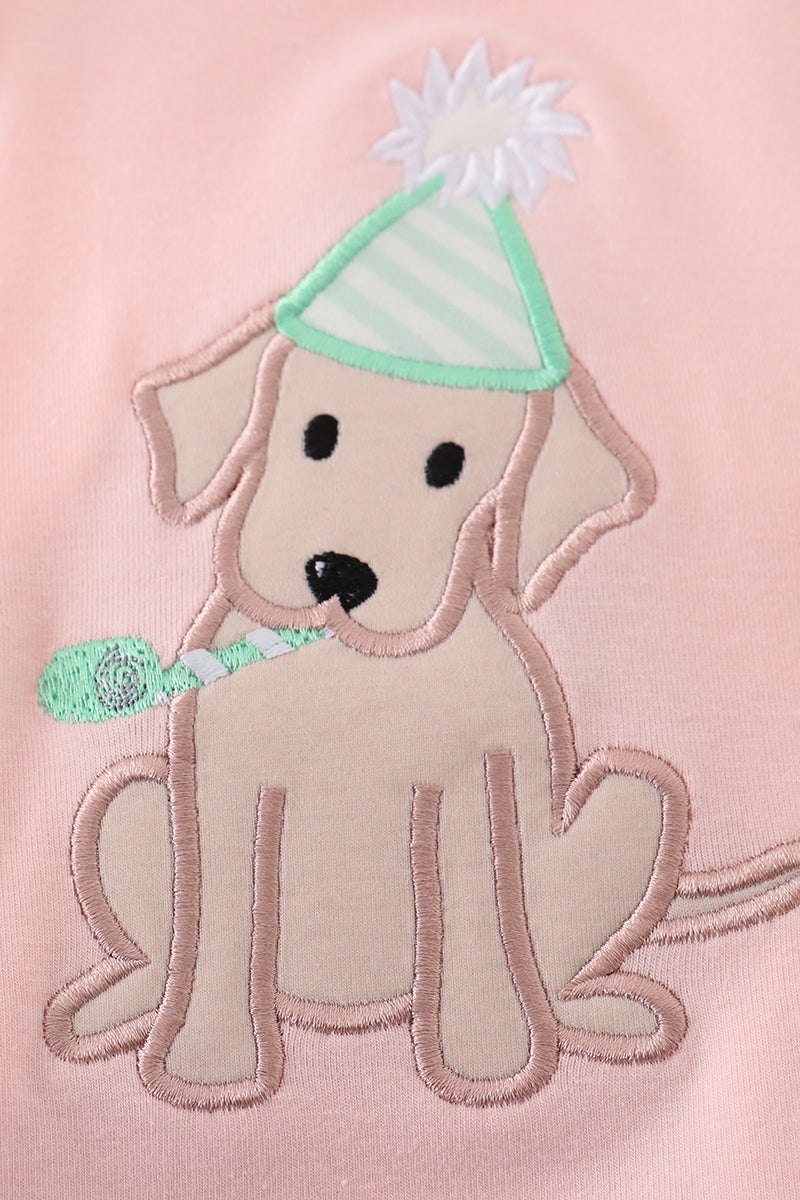 Pink bubble romper with a cute puppy birthday applique, perfect for girls.
