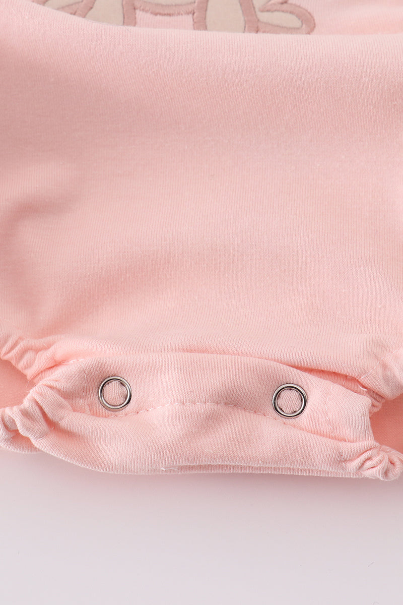 Pink bubble romper with a cute puppy birthday applique, perfect for girls.