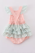 Pink bubble romper with a cute puppy birthday applique, perfect for girls.