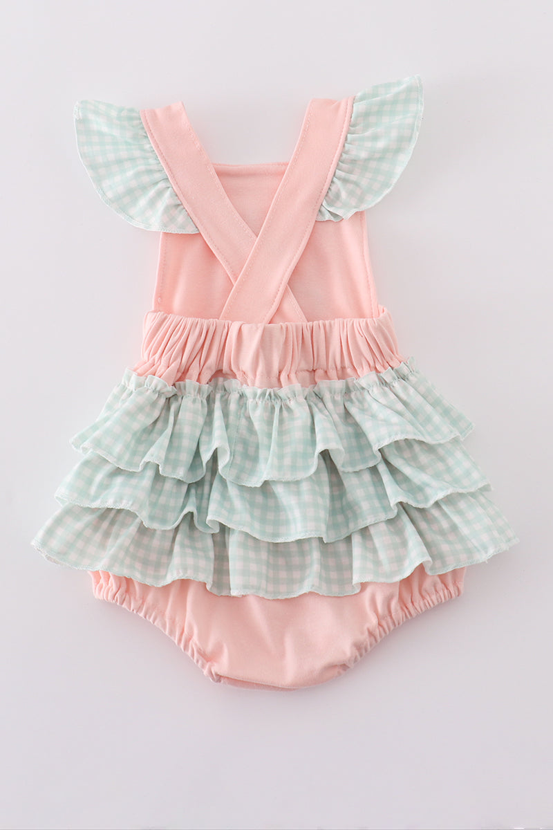 Pink bubble romper with a cute puppy birthday applique, perfect for girls.