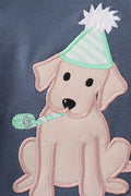 Navy bubble romper with playful puppy birthday applique, perfect for boys.
