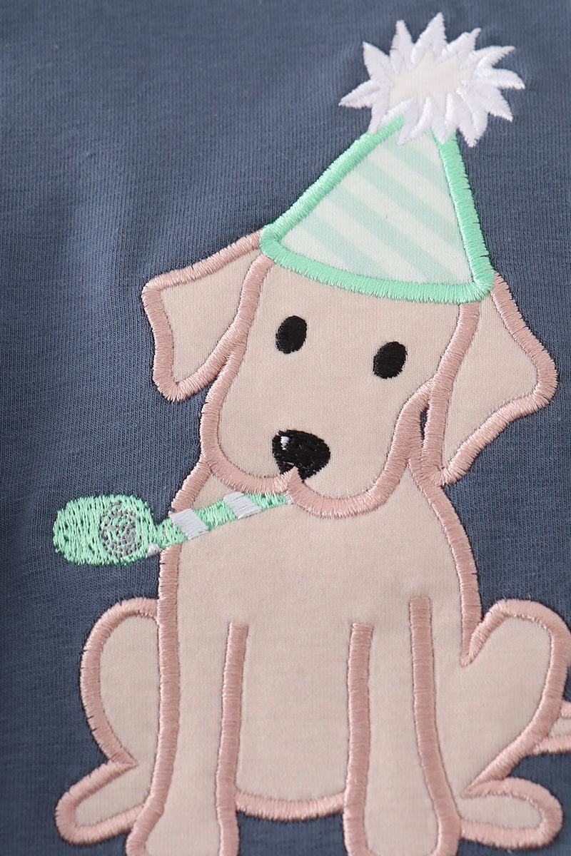 Navy bubble romper with playful puppy birthday applique, perfect for boys.