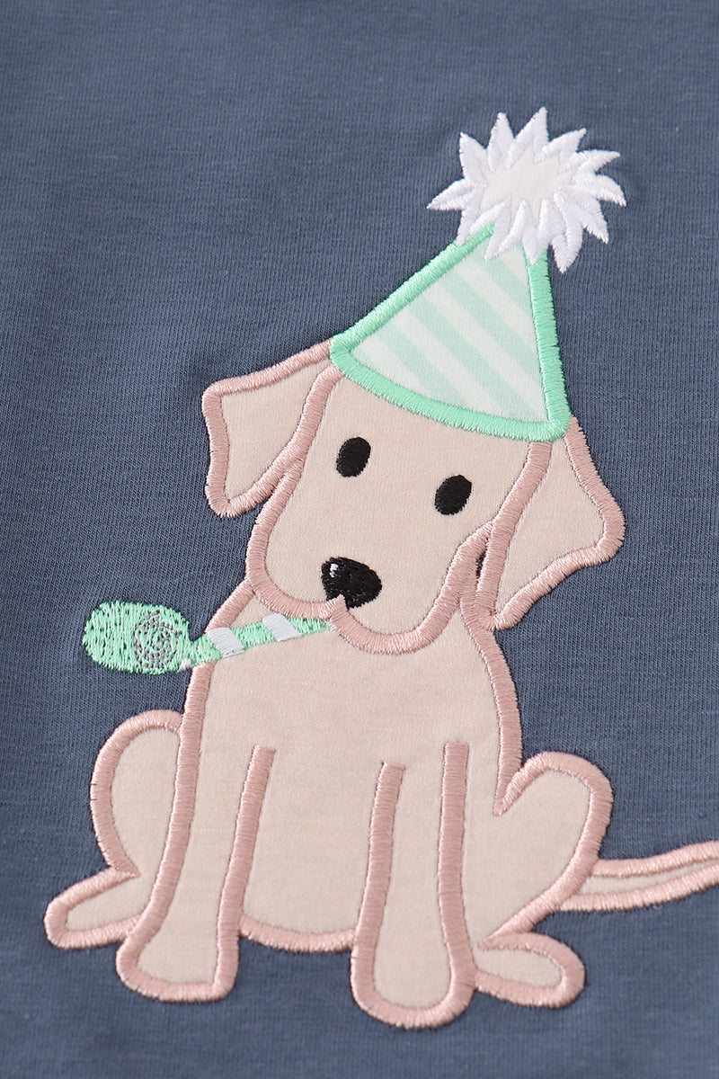 Navy two-piece set with adorable puppy birthday applique, perfect for boys.