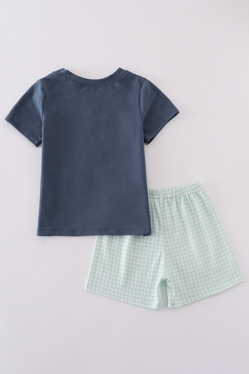 Navy two-piece set with adorable puppy birthday applique, perfect for boys.