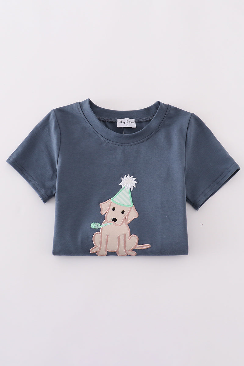 Navy two-piece set with adorable puppy birthday applique, perfect for boys.