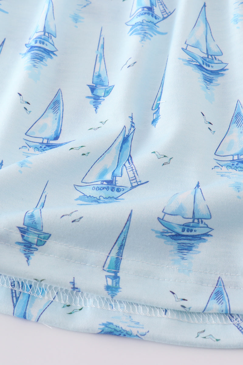 Blue sailboat print bloomer set for girls, perfect for summer adventures.