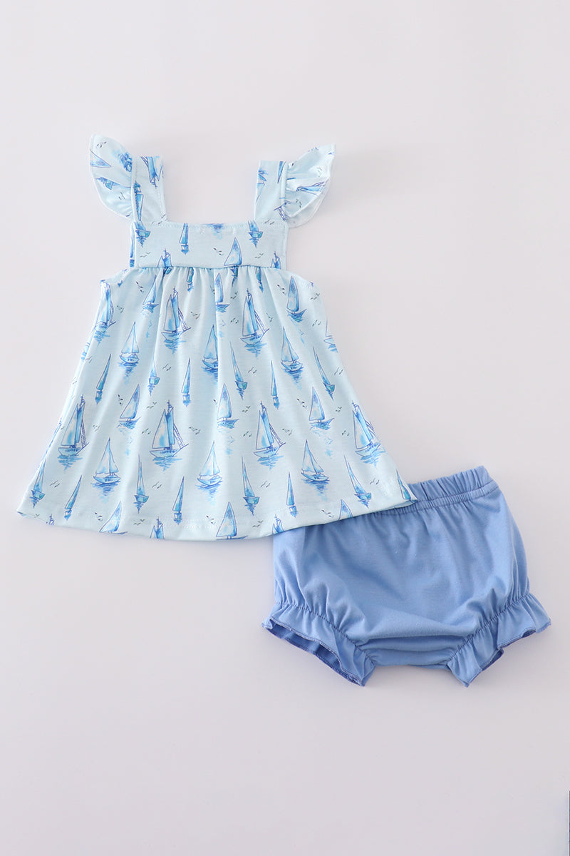 Blue sailboat print bloomer set for girls, perfect for summer adventures.
