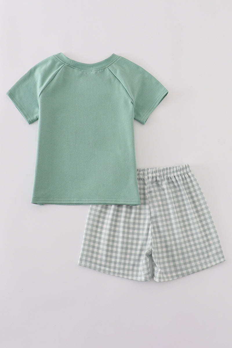 Green boy's outfit with playful chicken applique, perfect for casual playtime.