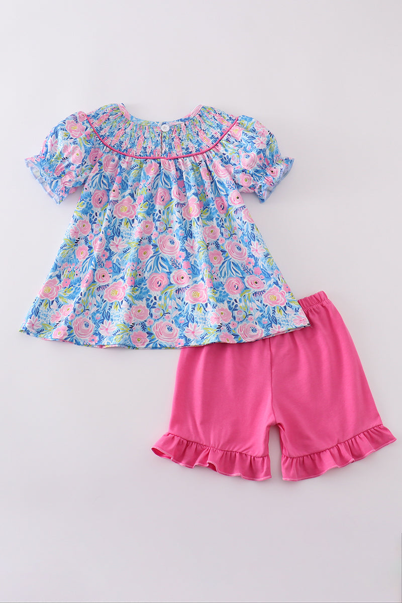 Blue blossom charm smocked girl set with floral pattern, perfect for spring outings.