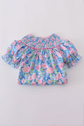 Blue blossom charm smocked girl set with floral pattern, perfect for spring outings.