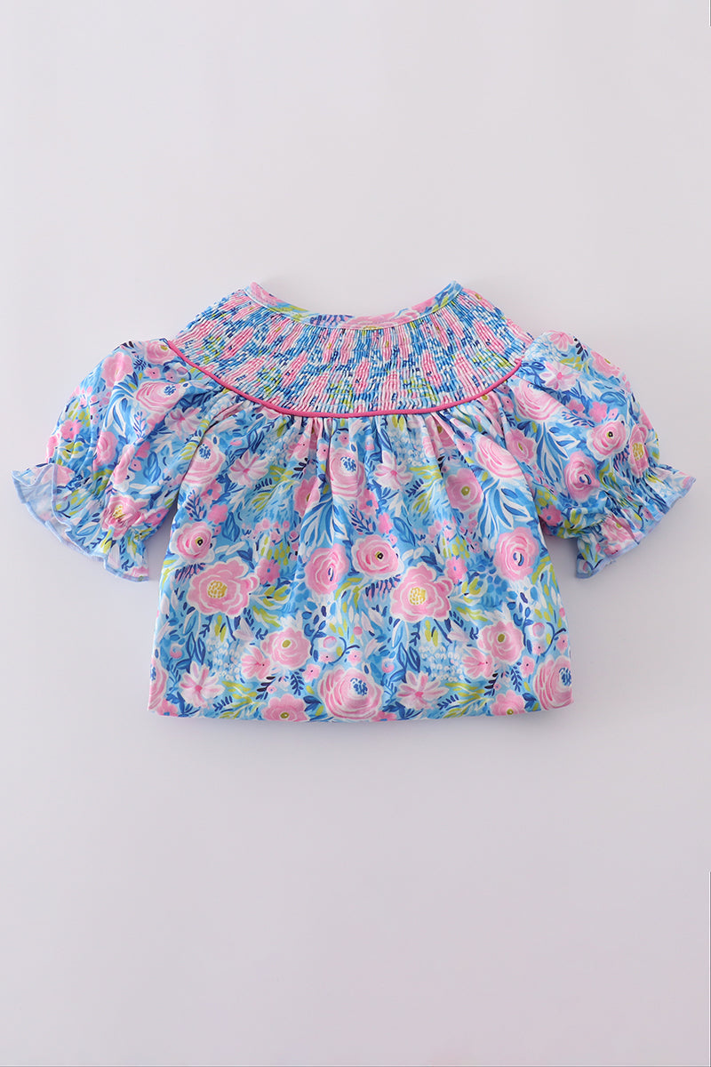 Blue blossom charm smocked girl set with floral pattern, perfect for spring outings.
