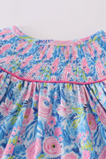 Blue blossom charm smocked girl set with floral pattern, perfect for spring outings.