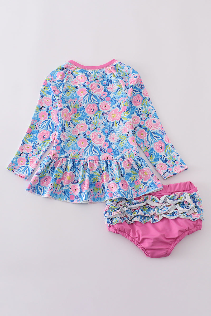 Blue blossom charm girl 2pc swimsuit with floral pattern, perfect for summer fun.