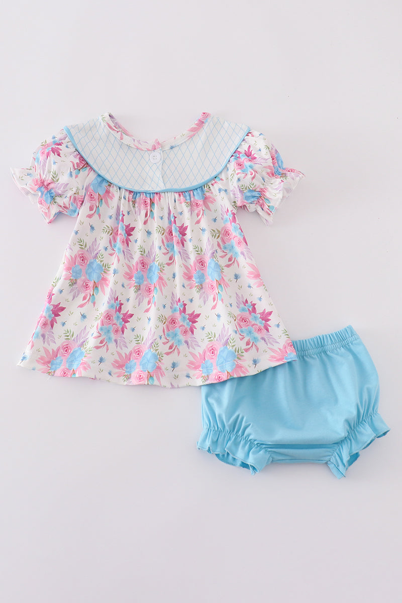 Blue petal meadow embroidery girl bloomer set with floral pattern, perfect for playtime.
