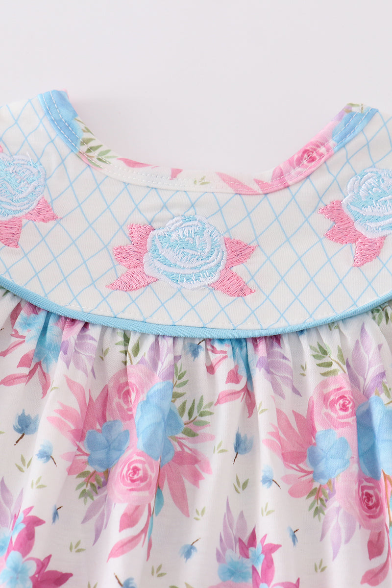 Blue petal meadow embroidery girl bloomer set with floral pattern, perfect for playtime.