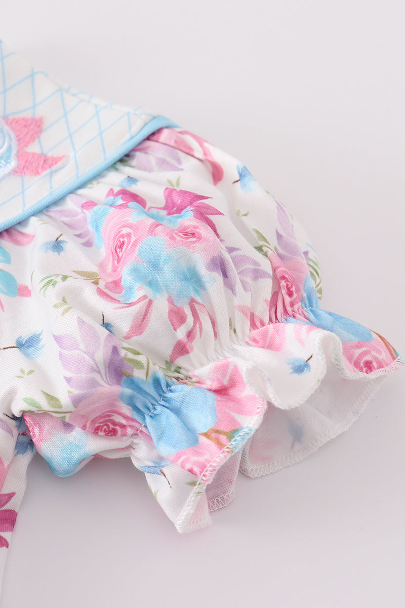 Blue petal meadow embroidery girl bloomer set with floral pattern, perfect for playtime.