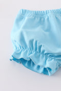 Blue petal meadow embroidery girl bloomer set with floral pattern, perfect for playtime.