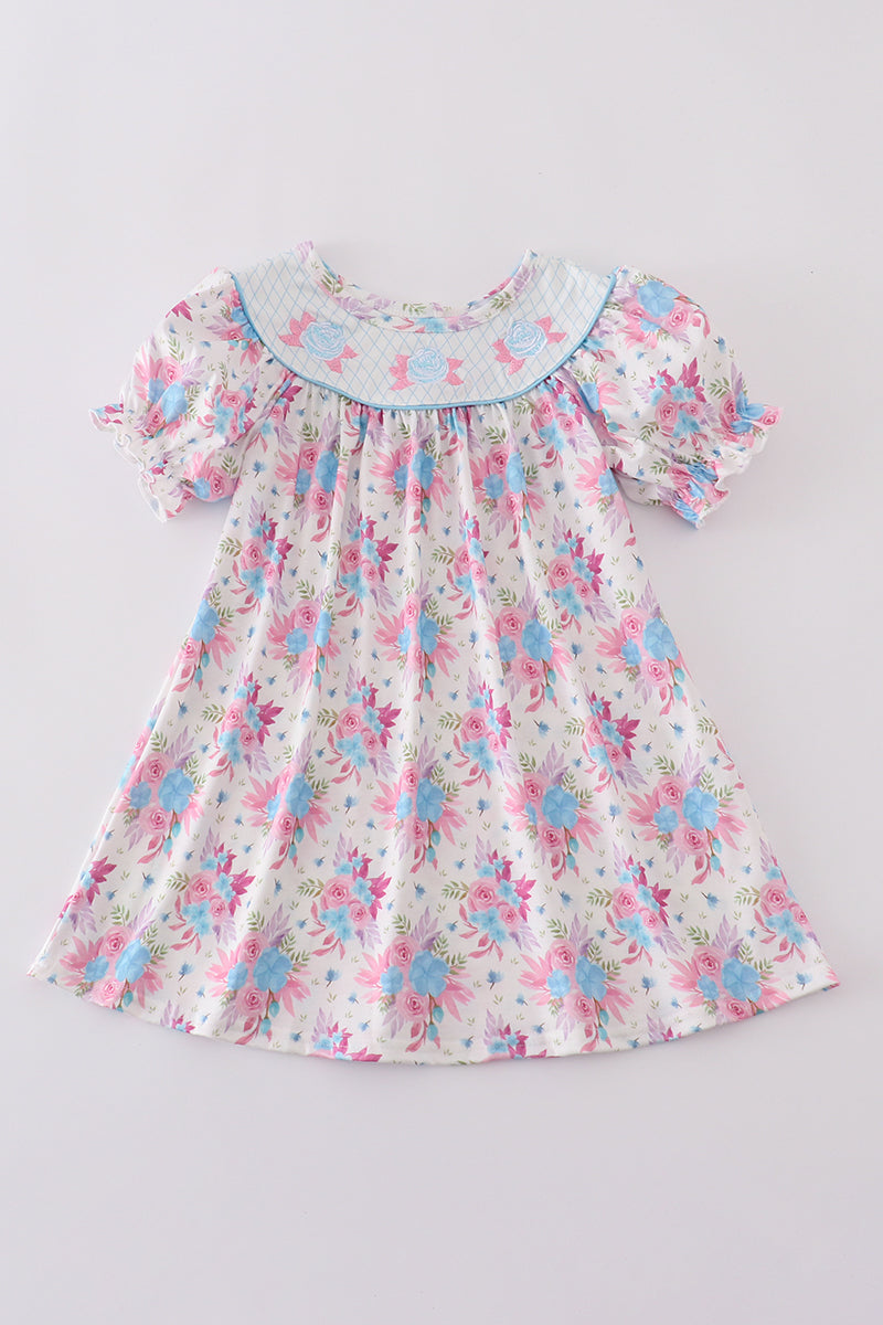 Blue petal meadow embroidery girl dress with floral pattern, perfect for spring occasions.