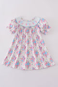 Blue petal meadow embroidery girl dress with floral pattern, perfect for spring occasions.