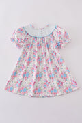 Blue petal meadow embroidery girl dress with floral pattern, perfect for spring occasions.