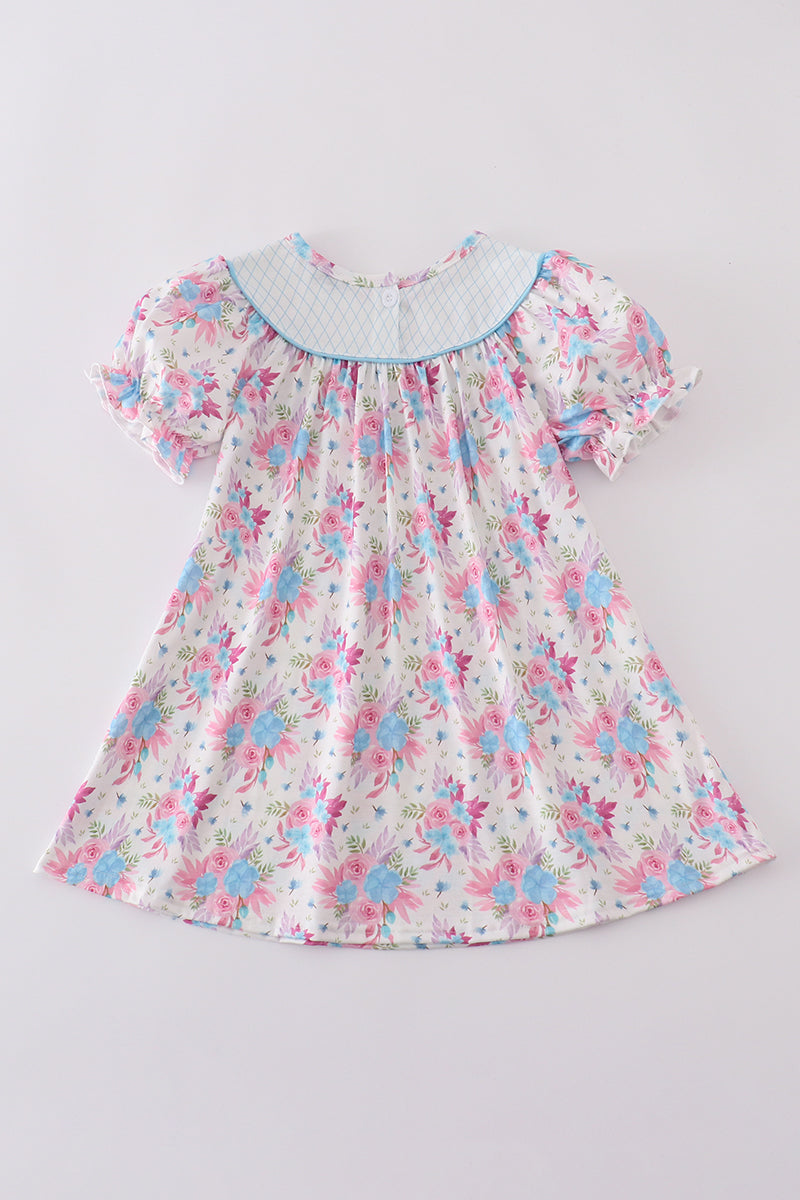 Blue petal meadow embroidery girl dress with floral pattern, perfect for spring occasions.