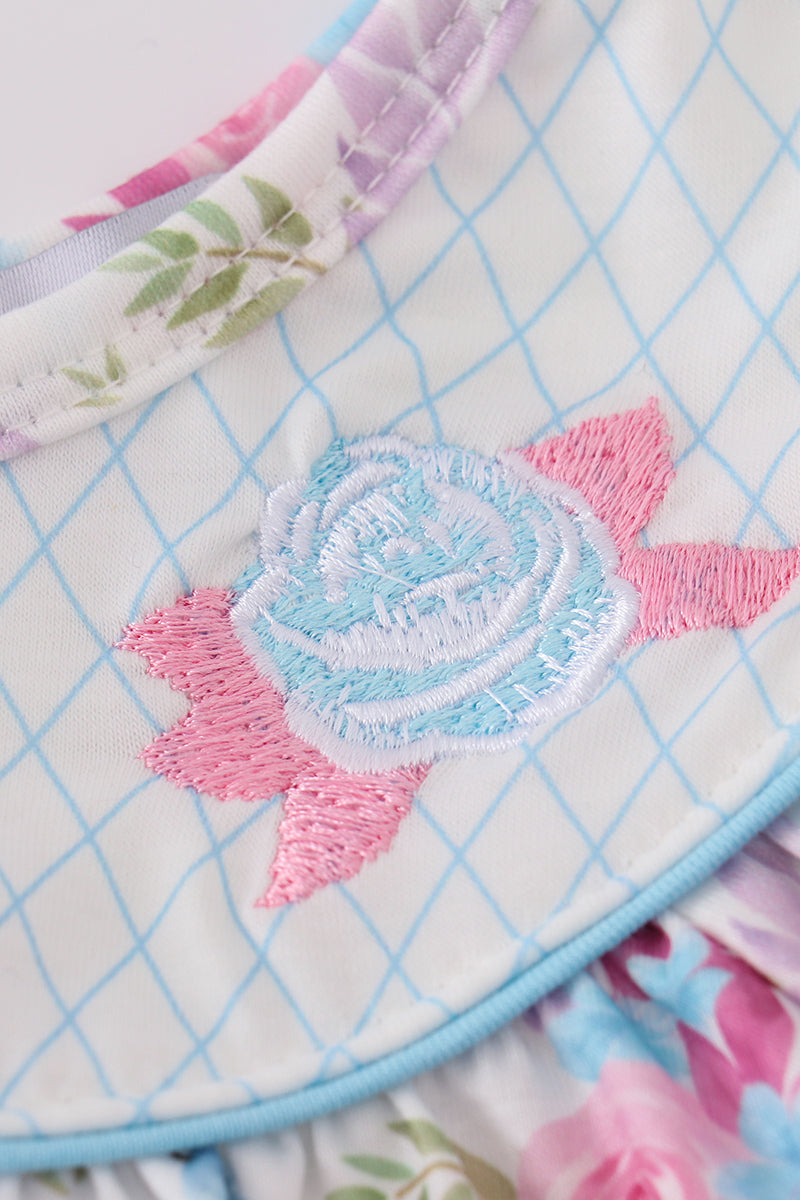 Blue petal meadow embroidery girl dress with floral pattern, perfect for spring occasions.
