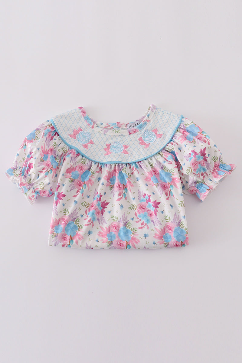 Blue petal meadow embroidery girl dress with floral pattern, perfect for spring occasions.