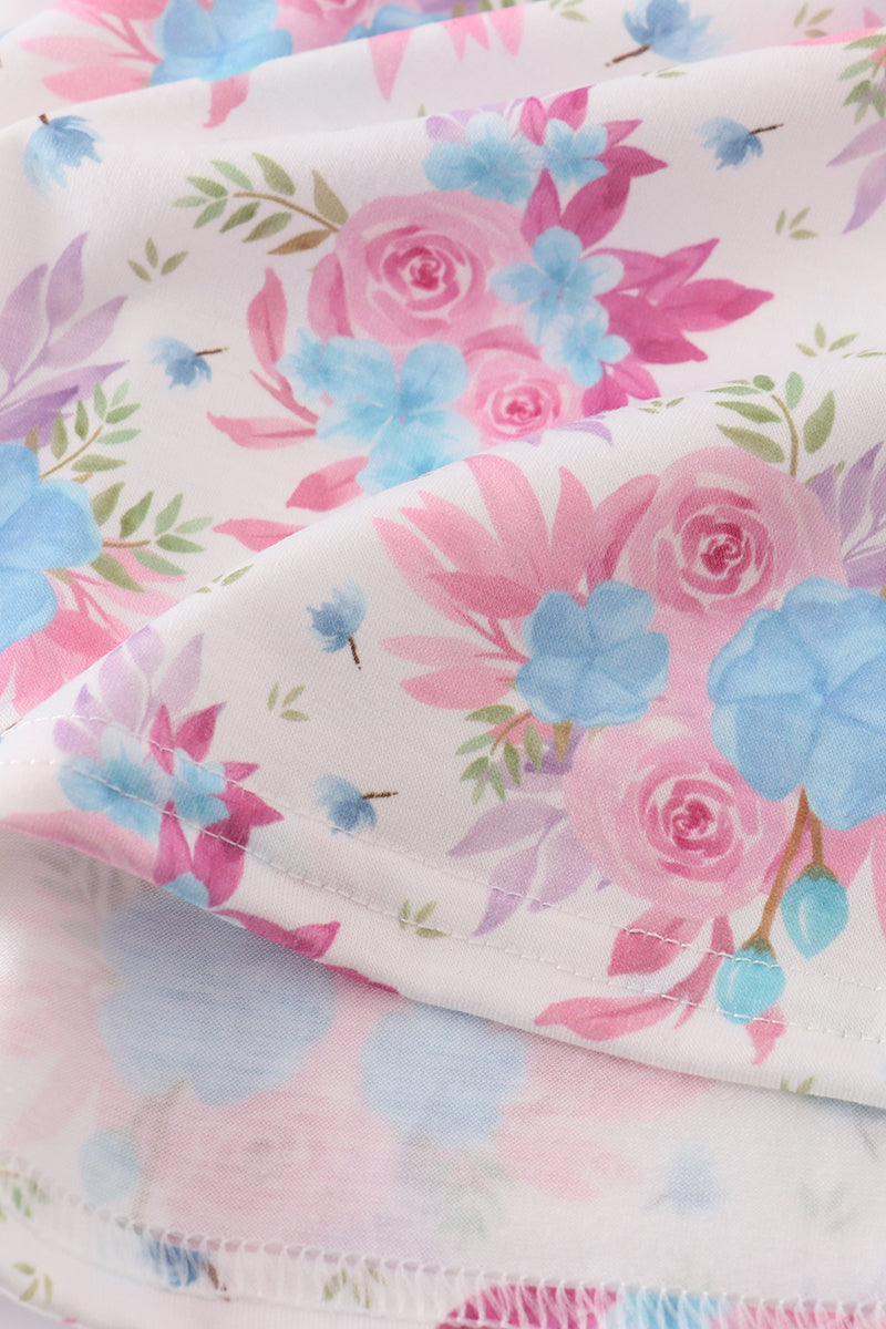 Blue petal meadow embroidery girl dress with floral pattern, perfect for spring occasions.