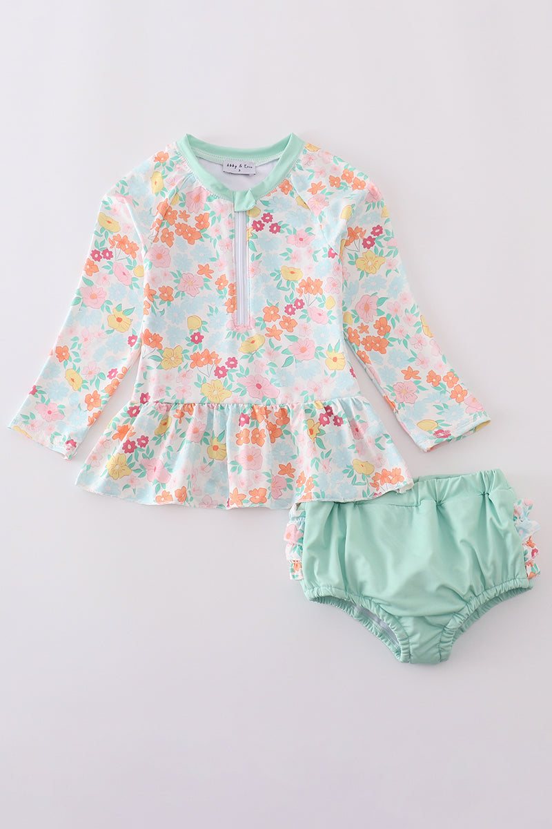 Green floral long sleeve swimsuit for girls, perfect for spring adventures.