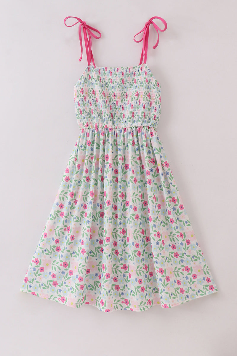 A charming floral-patterned smocked dress with puff sleeves, perfect for spring outings.