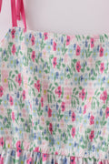 A charming floral-patterned smocked dress with puff sleeves, perfect for spring outings.