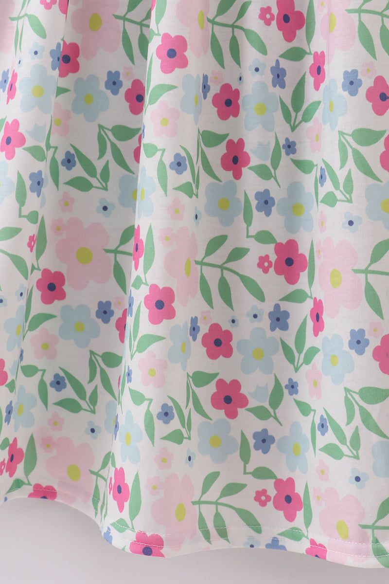 A charming floral-patterned smocked dress with puff sleeves, perfect for spring outings.