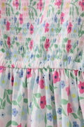 A charming floral-patterned smocked dress with puff sleeves, perfect for spring outings.
