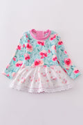 Blushing rose garden print girl one-piece leotard with pink floral pattern.