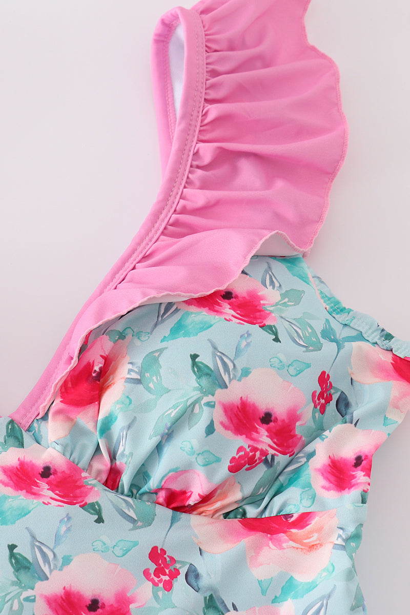 Mom swimsuit with a blushing rose garden print, perfect for sunny beach days.
