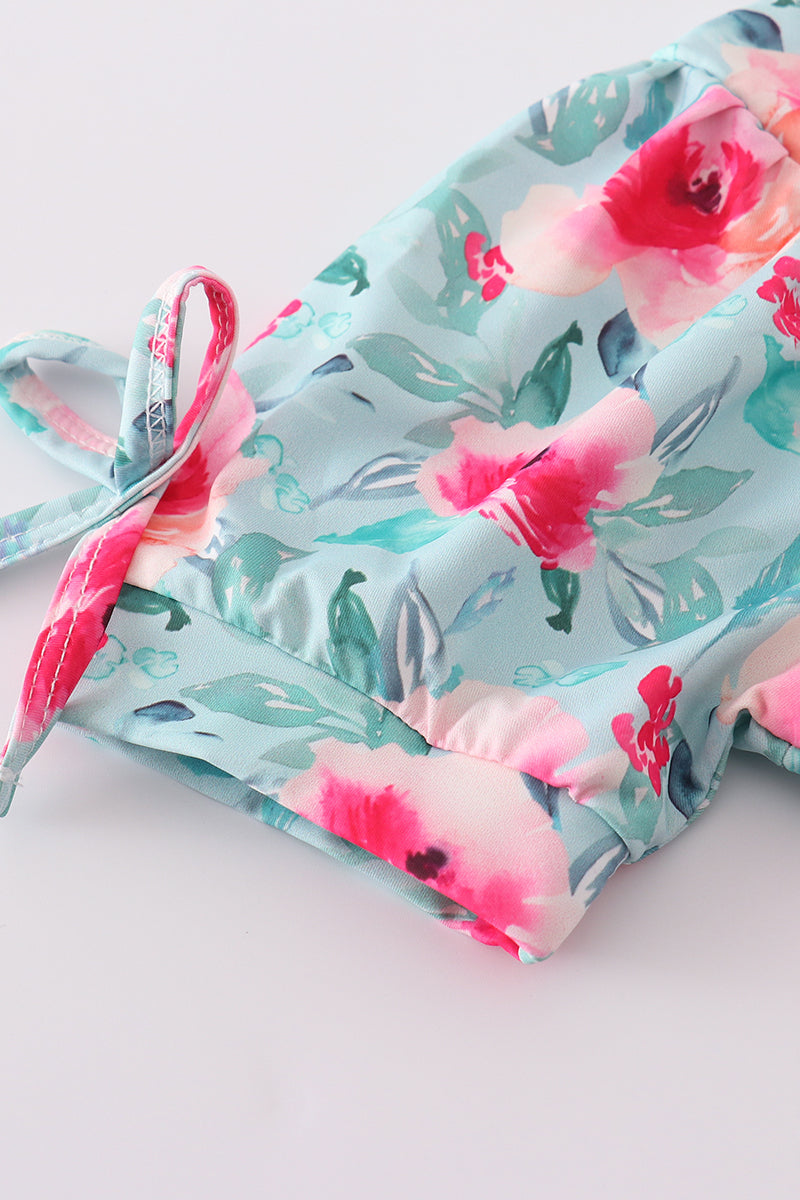 Girl's 2-piece swimsuit with blushing rose garden print, perfect for summer fun.