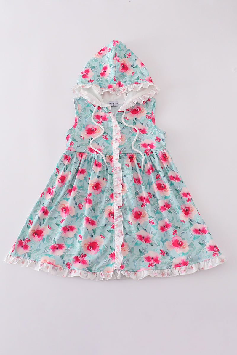 Blushing rose garden print girl hoodie coverup with vibrant floral design.