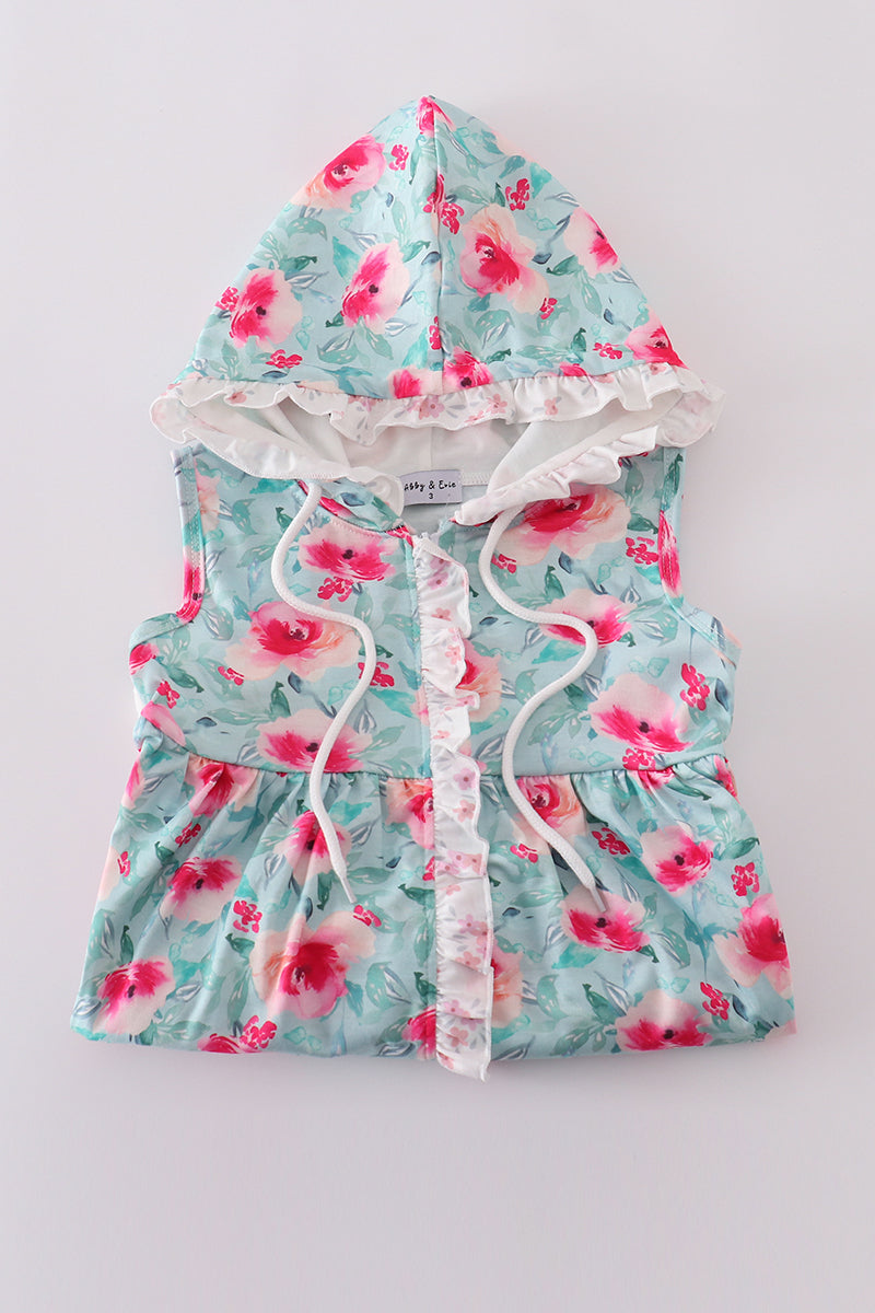 Blushing rose garden print girl hoodie coverup with vibrant floral design.