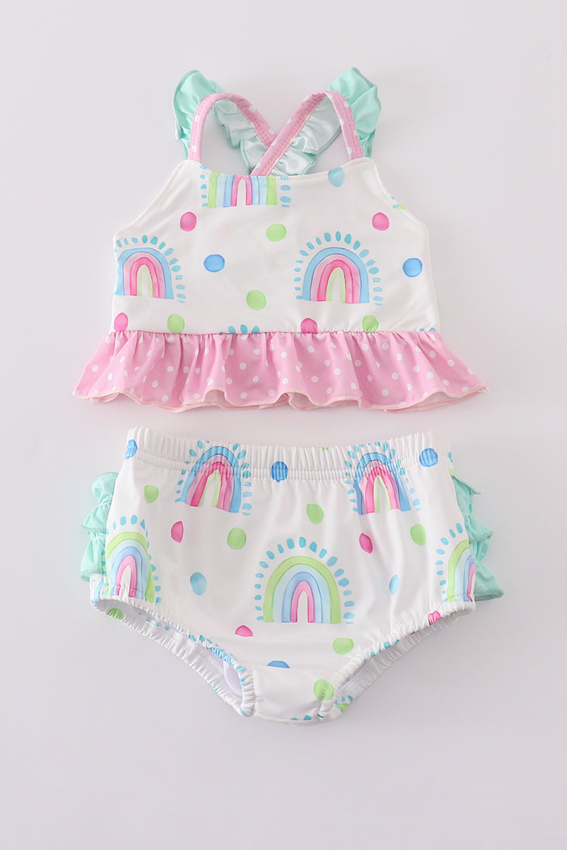 Colorful rainbow print girl's two-piece ruffle swimsuit, perfect for summer fun.